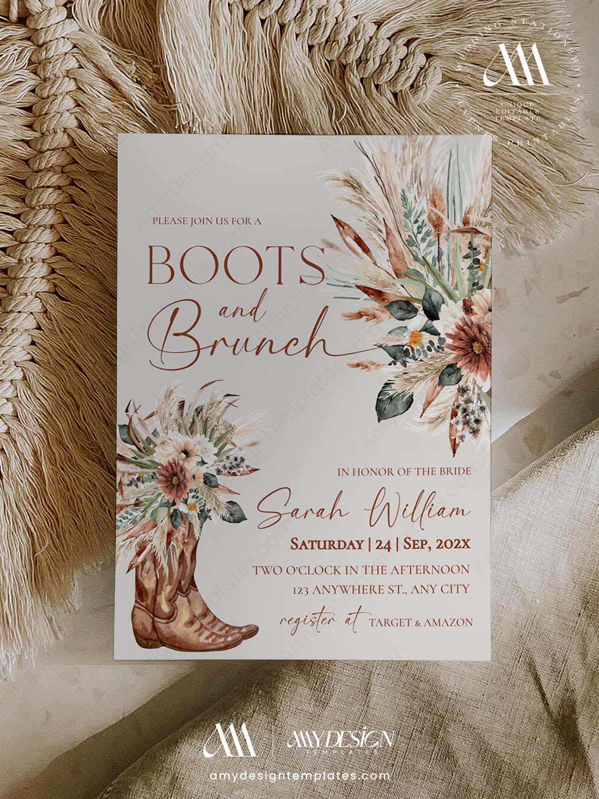 Rustic Western Bridal Shower Invitation | Boots and Brunch Invite Template | Boho Pampas Grass Floral | Cowboy Boots Rustic Western Bridal Shower Invitation, Boots and Brunch Invite Template, Boho Pampas Grass Floral, Cowboy Boots, Editable in Corjl, Instant Download