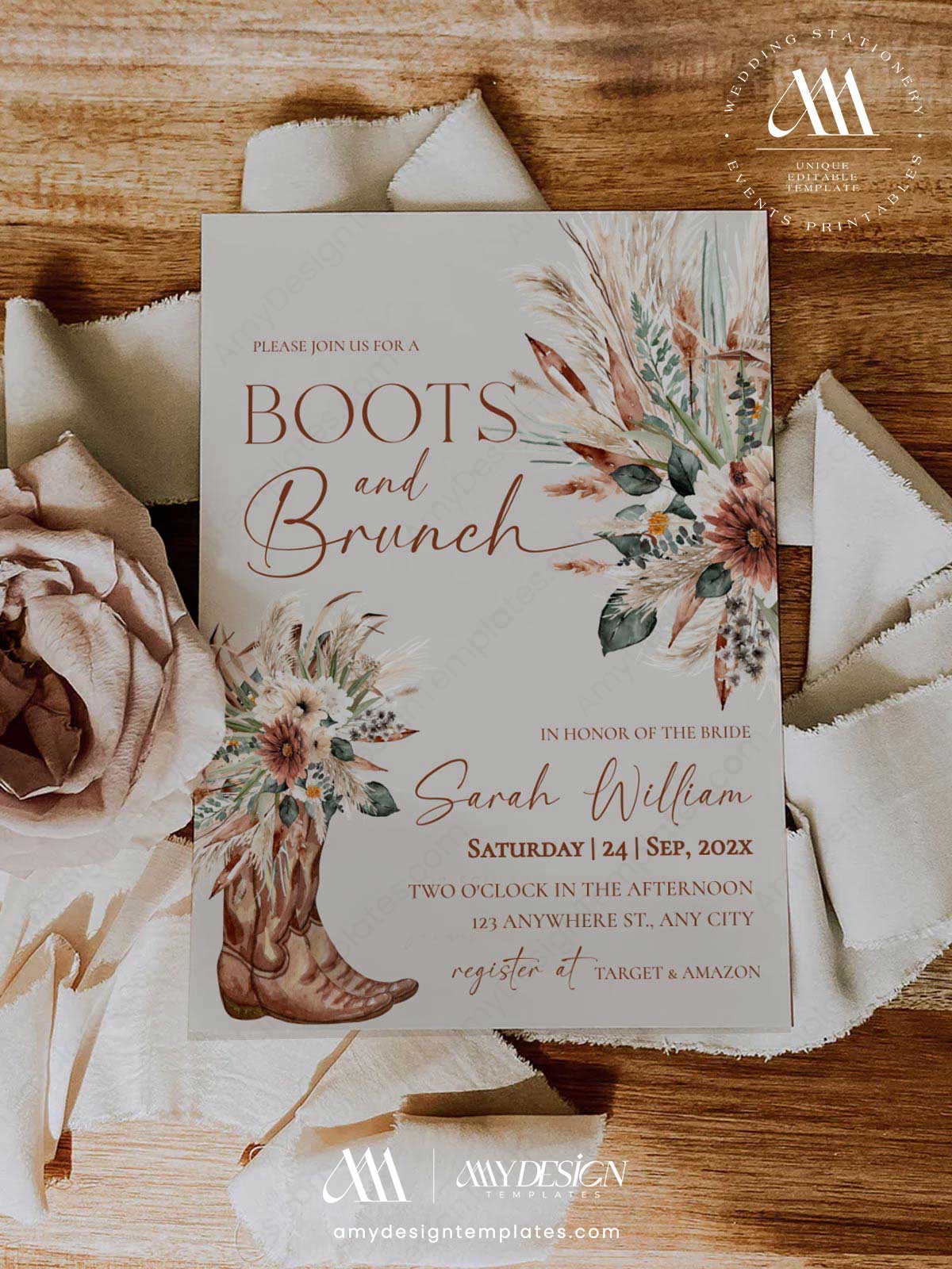 Rustic Western Bridal Shower Invitation | Boots and Brunch Invite Template | Boho Pampas Grass Floral | Cowboy Boots Rustic Western Bridal Shower Invitation, Boots and Brunch Invite Template, Boho Pampas Grass Floral, Cowboy Boots, Editable in Corjl, Instant Download