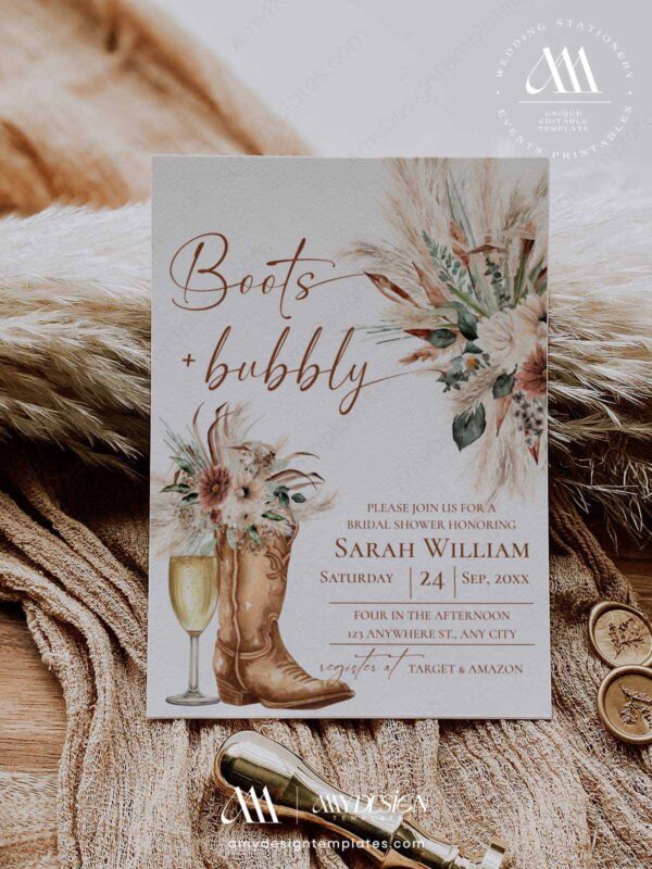 Boots and Bubbly Bridal Shower Invitation, Western Cowgirl Invite Template, Rustic Boho Pampas Grass, Champagne Bridal Shower Editable Printable
