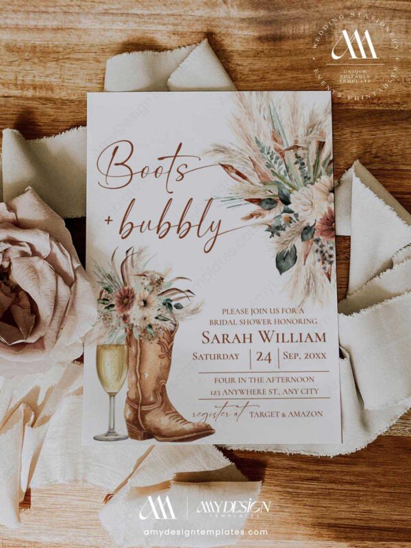 Boots and Bubbly Bridal Shower Invitation, Western Cowgirl Invite Template, Rustic Boho Pampas Grass, Champagne Bridal Shower Editable Printable