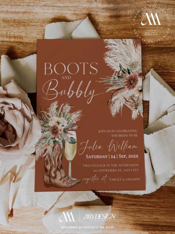 Western Boots and Bubbly Bridal Shower Invitation | Cowboy Boot Invite Editable Template | Terracotta Rustic Boho