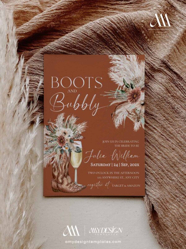 Boots and Bubbly bridal shower invitation on a terracotta background featuring watercolor cowboy boots, champagne, and pampas grass florals.