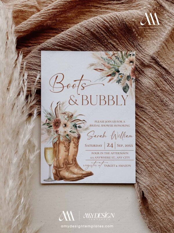 Boots and Bubbly Bridal Shower Invitation, Western Cowgirl Invite Template, Rustic Boho Pampas Grass, Terracotta Editable Printable Card