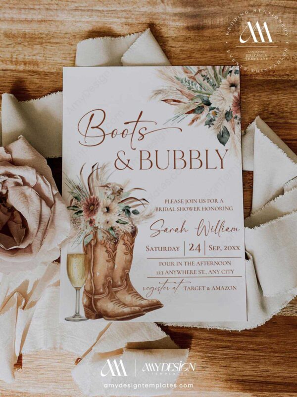 Western Cowgirl Rustic Boots Bubbly Bridal Shower Invitation | Terracotta Boho Invite Template Printable
