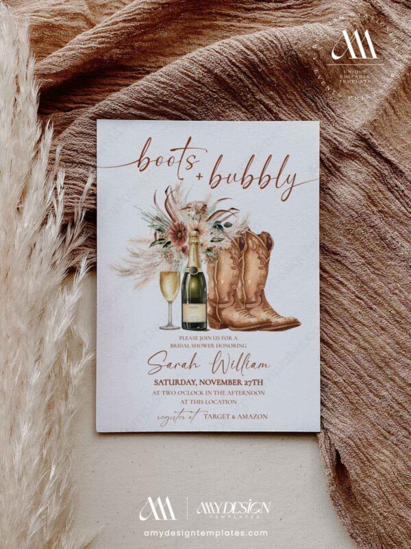 Rustic Boho Boots and Bubbly Bridal Shower Invitation Template | Western Bachelorette Invite Card