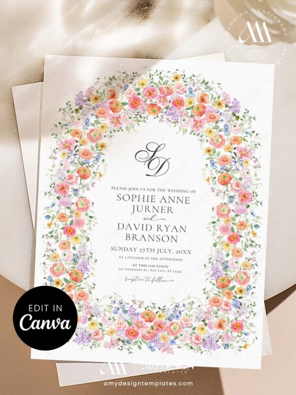 Colorful Wildflower Wedding Invitation Template Canva | Floral Arch Wedding Invite