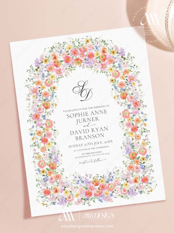 Colorful Wildflower Wedding Invitation Template Canva | Floral Arch Wedding Invite
