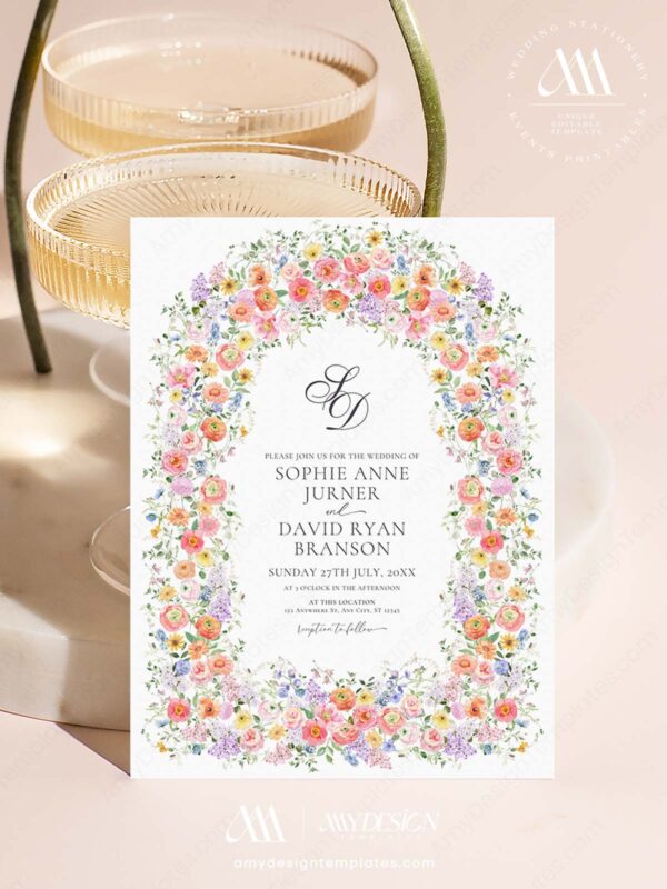 Summer Spring Floral Wedding Invitation Card | Wedding Suite Template | Peach Purple Colorful Flowers Colorful Wildflower Wedding Invitation Template Canva | Floral Arch Wedding Invite
