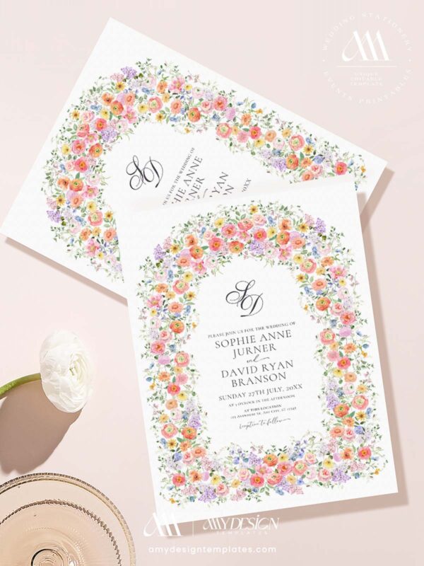 Colorful Wildflower Wedding Invitation Template Canva | Floral Arch Wedding Invite