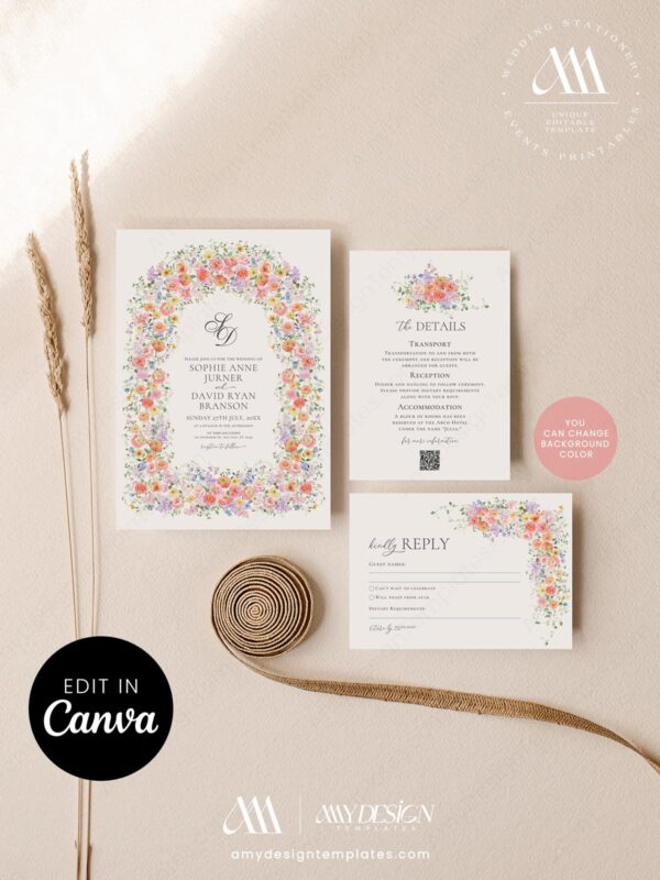 Colorful Wildflower Wedding Invitation Set Template | Floral Spring Summer Wedding Invite Card Colorful Wildflower Wedding Invitation Set Template | Floral Spring Summer Wedding Invite Card