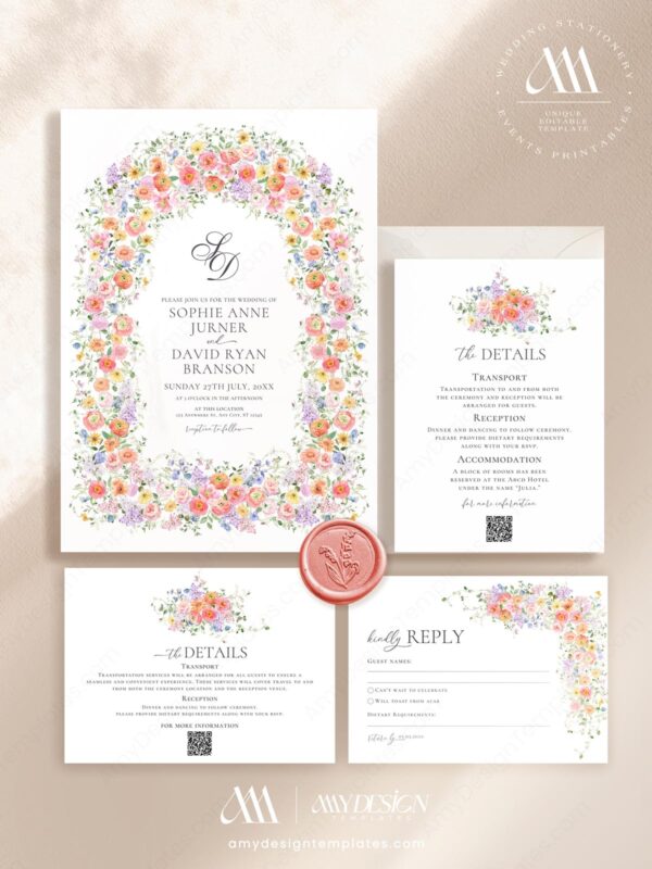 Colorful Wildflower Wedding Invitation Set Template | Floral Spring Summer Wedding Invite Card