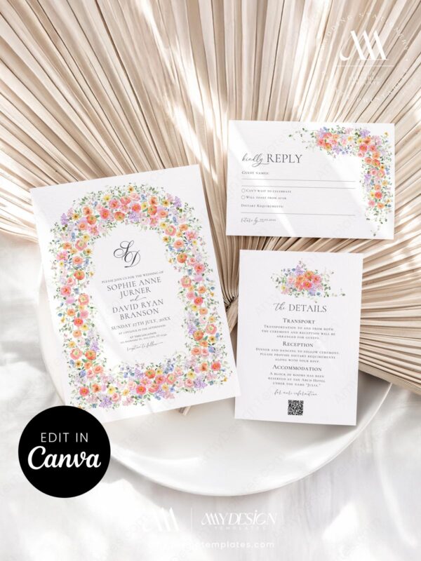 Colorful Wildflower Wedding Invitation Set Template | Floral Spring Summer Wedding Invite Card Colorful Wildflower Wedding Invitation Set Template | Floral Spring Summer Wedding Invite Card