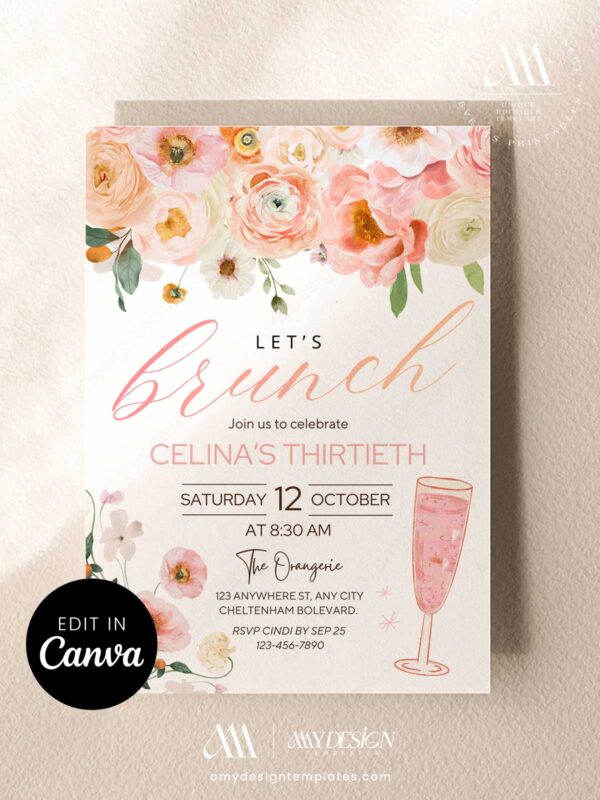 Elegant Watercolor Floral Birthday Brunch Invitation | Editable Canva Template Blush Pink Peach Flowers | Brunch and Bubbly Invite