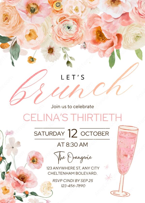 Elegant Watercolor Floral Birthday Brunch Invitation | Editable Canva Template Blush Pink Peach Flowers | Brunch and Bubbly Invite