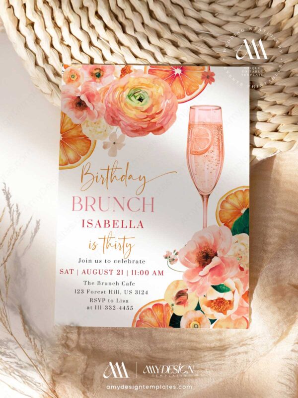 Main Squeeze Birthday Brunch Invite Template | Orange Peach Floral Invitation Editable Canva | 30th Birthday Brunch Bubbly