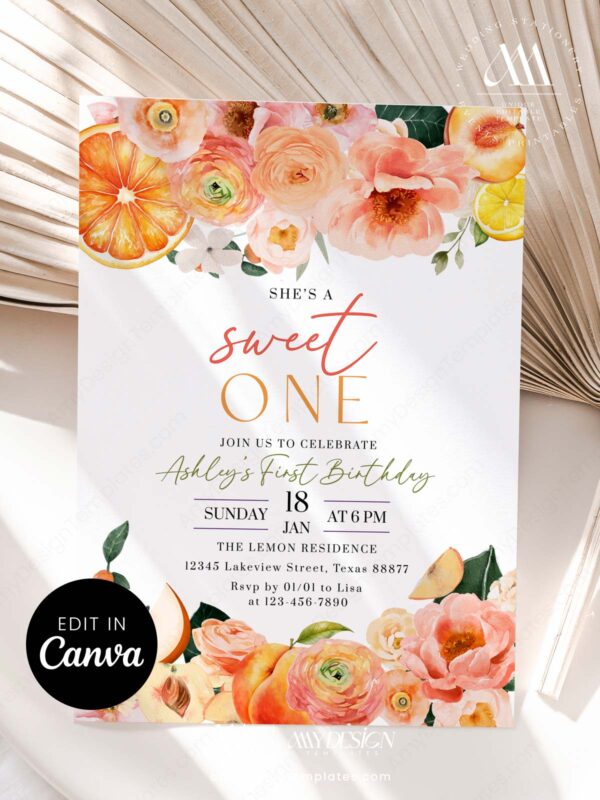 Sweet One Fruit Floral Birthday Brunch Invitation Template | First Birthday Summer Fruit Floral Birthday Party