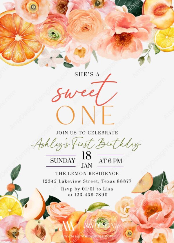 Sweet One Fruit Floral Birthday Brunch Invitation Template | First Birthday Summer Fruit Floral Birthday Party