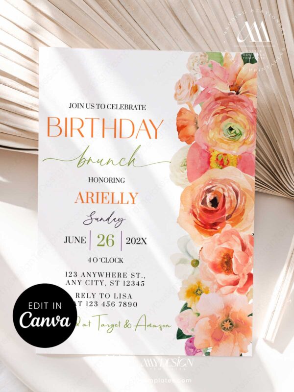 Citrus 30th Birthday Brunch Invitation Template | Canva Editable Orange Floral Brunch and Bubbly | Birthday Party Invite