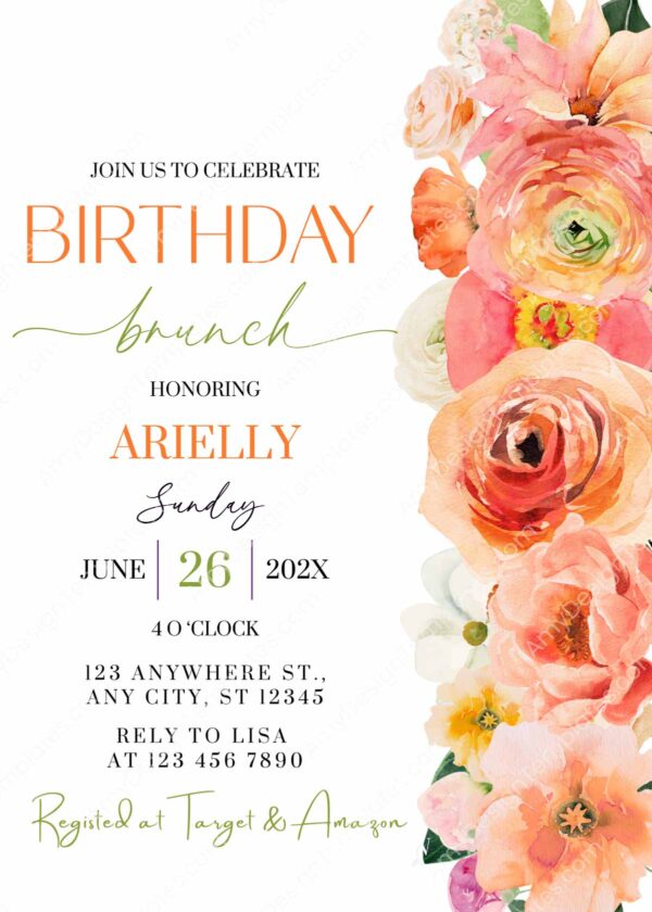 Citrus 30th Birthday Brunch Invitation Template | Canva Editable Orange Floral Brunch and Bubbly | Birthday Party Invite