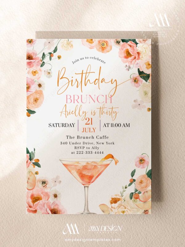 Floral Bubbly 30th Birthday Brunch Invitation | Orange Floral Brunch & Bubbly Invite Editable Canva Template