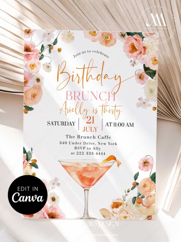 Floral Bubbly 30th Birthday Brunch Invitation | Orange Floral Brunch & Bubbly Invite Editable Canva Template