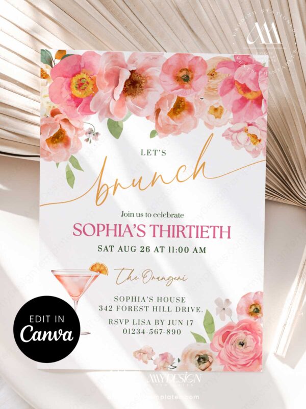 Floral Brunch and Bubbly Birthday Brunch Invitation Card Canva | 30th Birthday, 40th, 50th Birthday Party Template