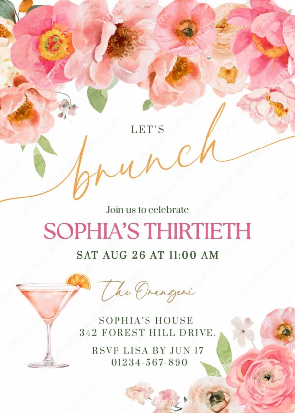 Floral Brunch and Bubbly Birthday Brunch Invitation Card Canva | 30th Birthday, 40th, 50th Birthday Party Template