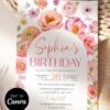 Elegant Soft Pink Floral Birthday Brunch Invitation | Peony Flowers Garden Celebration Canva Editable Template