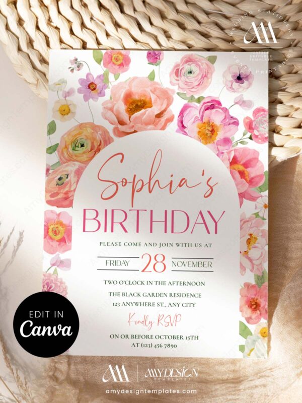 Elegant Soft Pink Floral Birthday Brunch Invitation | Peony Flowers Garden Celebration Canva Editable Template