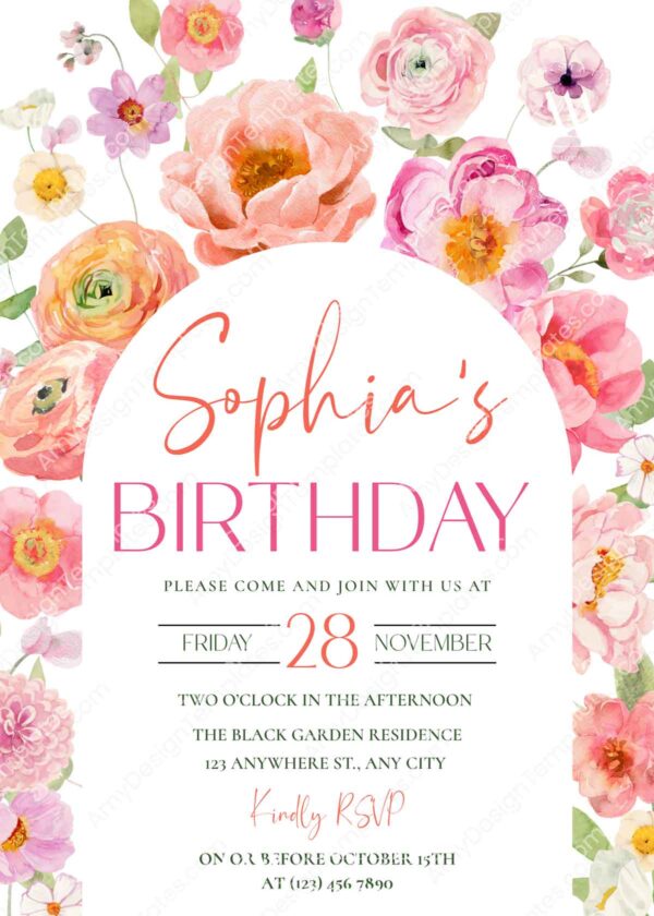 Elegant Soft Pink Floral Birthday Brunch Invitation Canva Template