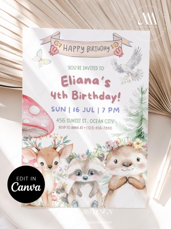 Forest Animal Theme Birthday Invitation Card Template | Woodland Birthday Party Instant Download