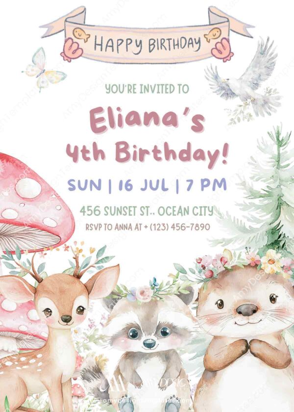 Forest Animal Theme Birthday Invitation Card Template | Woodland Birthday Party Instant Download