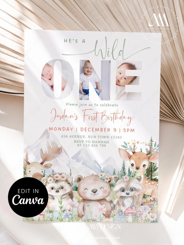 Wild One Animals Birthday Invitation Card Printable | Photo Kids Birthday Invitation Template Canva