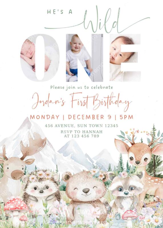 Wild One Animals Birthday Invitation Card Printable | Photo Kids Birthday Invitation Template Canva Wild One Animals Birthday Invitation Card Printable | Photo Kids Birthday Invitation Template Canva