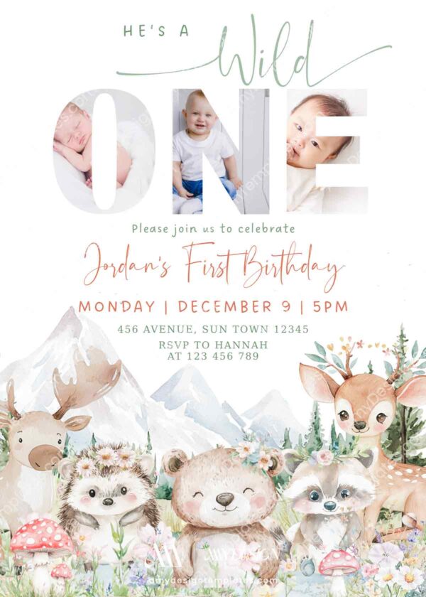 Wild One Animals Birthday Invitation Card Printable | Photo Kids Birthday Invitation Template Canva