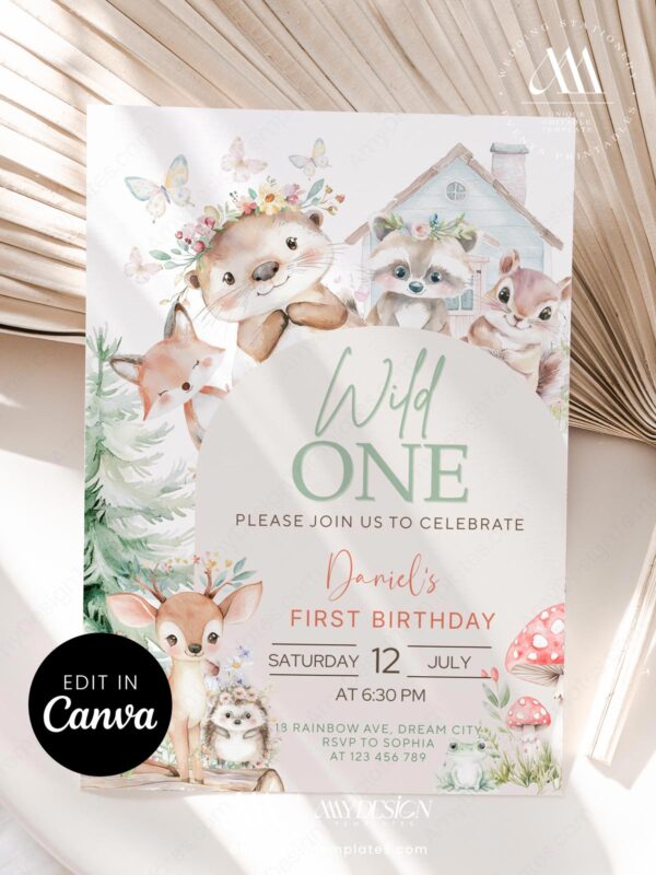 Wild One Woodland Animals Birthday Invitation Printable | Forest Creatures House Canva Editable Template