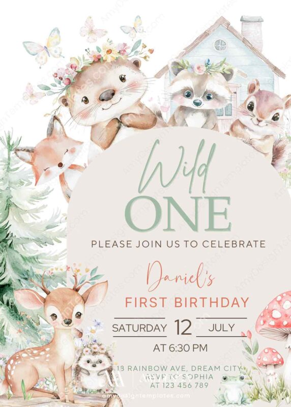 Wild One Woodland Animals Birthday Invitation Printable | Forest Creatures House Canva Editable Template