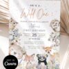 Wild One Floral Woodland Animals Birthday Invitation | First Birthday Party Invitation Card Canva Template Wild One Floral Woodland Animals Birthday Invitation | First Birthday Party Invitation Card Canva Template