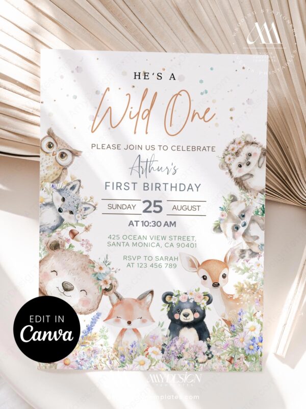 Wild One Floral Woodland Animals Birthday Invitation | First Birthday Party Invitation Card Canva Template