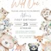 Wild One Floral Woodland Animals Birthday Invitation | First Birthday Party Invitation Card Canva Template