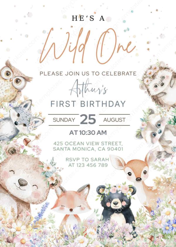 Wild One Floral Woodland Animals Birthday Invitation | First Birthday Party Invitation Card Canva Template