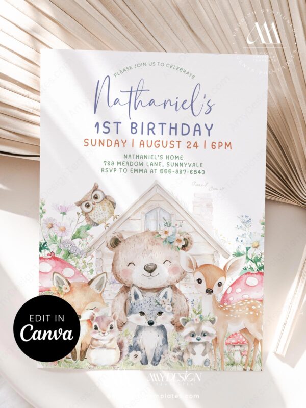 Forest House Woodland Animals Birthday Invitation | Kids Birthday Party Red Mushroom Bear Owl Invite Template