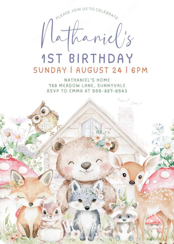 Forest House Woodland Animals Birthday Invitation | Kids Birthday Party Red Mushroom Bear Owl Invite Template