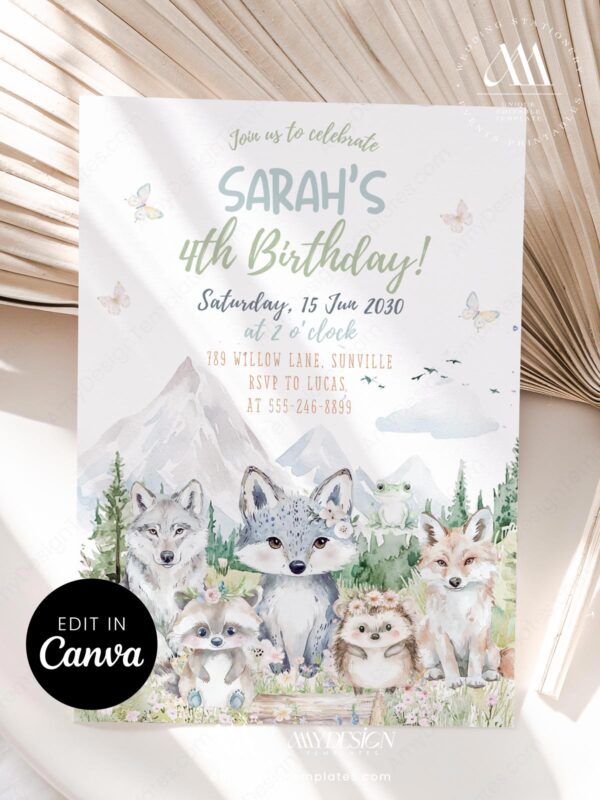 Mountain Woodland Animals Birthday Invitation | Kids Party Forest Invite Card Template Canva