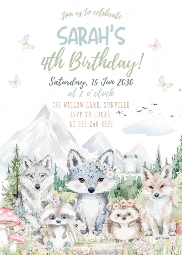 Mountain Woodland Animals Birthday Invitation | Kids Party Forest Invite Card Template Canva