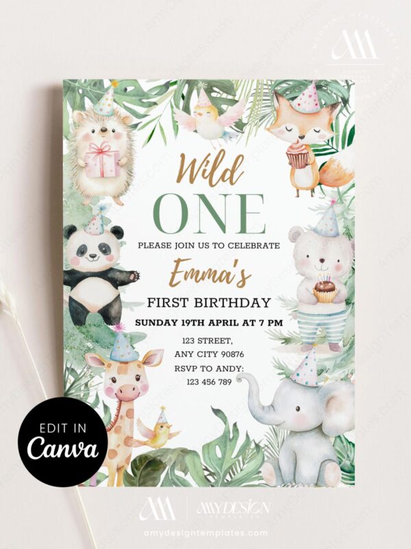Wild One Jungle Safari Animals Birthday Invitation | Panda Giraffe Elephant Canva Editable Template