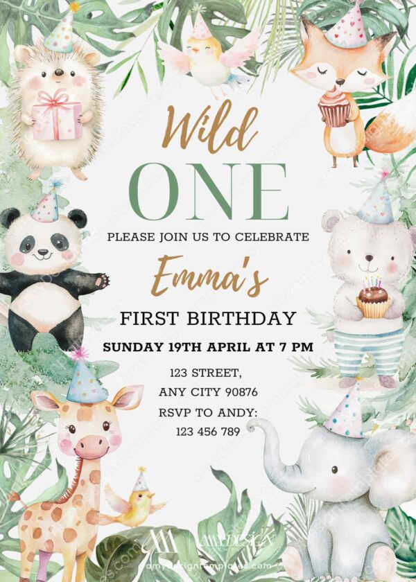 Wild One Jungle Safari Animals Birthday Invitation | Panda Giraffe Elephant Canva Editable Template