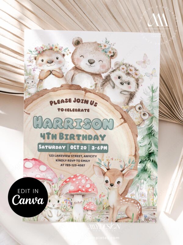 Woodland Animals Birthday Invitation Canva Editable | Cute Forest Friends Invite Template Printable