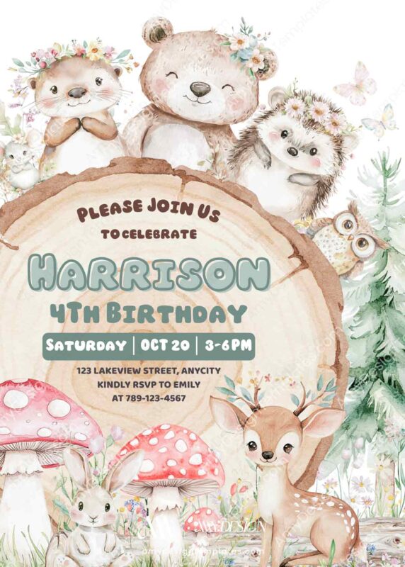 Woodland Animals Birthday Invitation Canva Editable | Cute Forest Friends Invite Template Printable