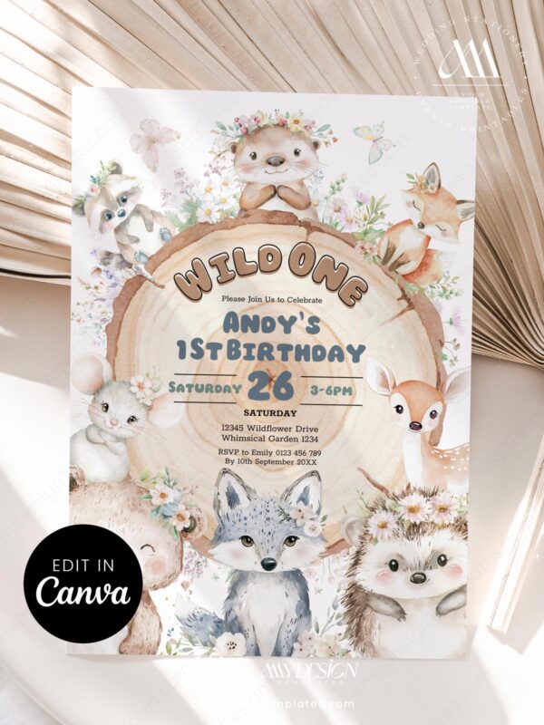 Wild One Forest Friends Birthday Invitation | Rustic Wood Slice Wildflower Meadow Animals Canva Editable Template